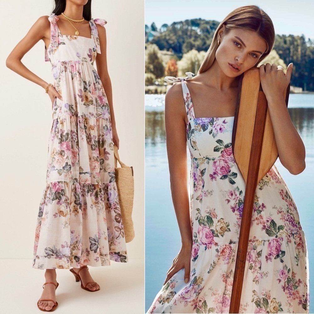 NWT HOUSE OF HARLOW Maxi Dress Linen Tiered Tie Strap Vintage Floral Print Sz S